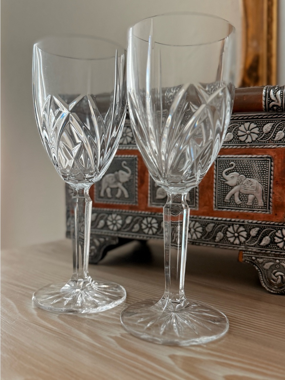 2 Waterford Lead Marquise Crystal Patterned Wine Glasses - Clear Stemware Set